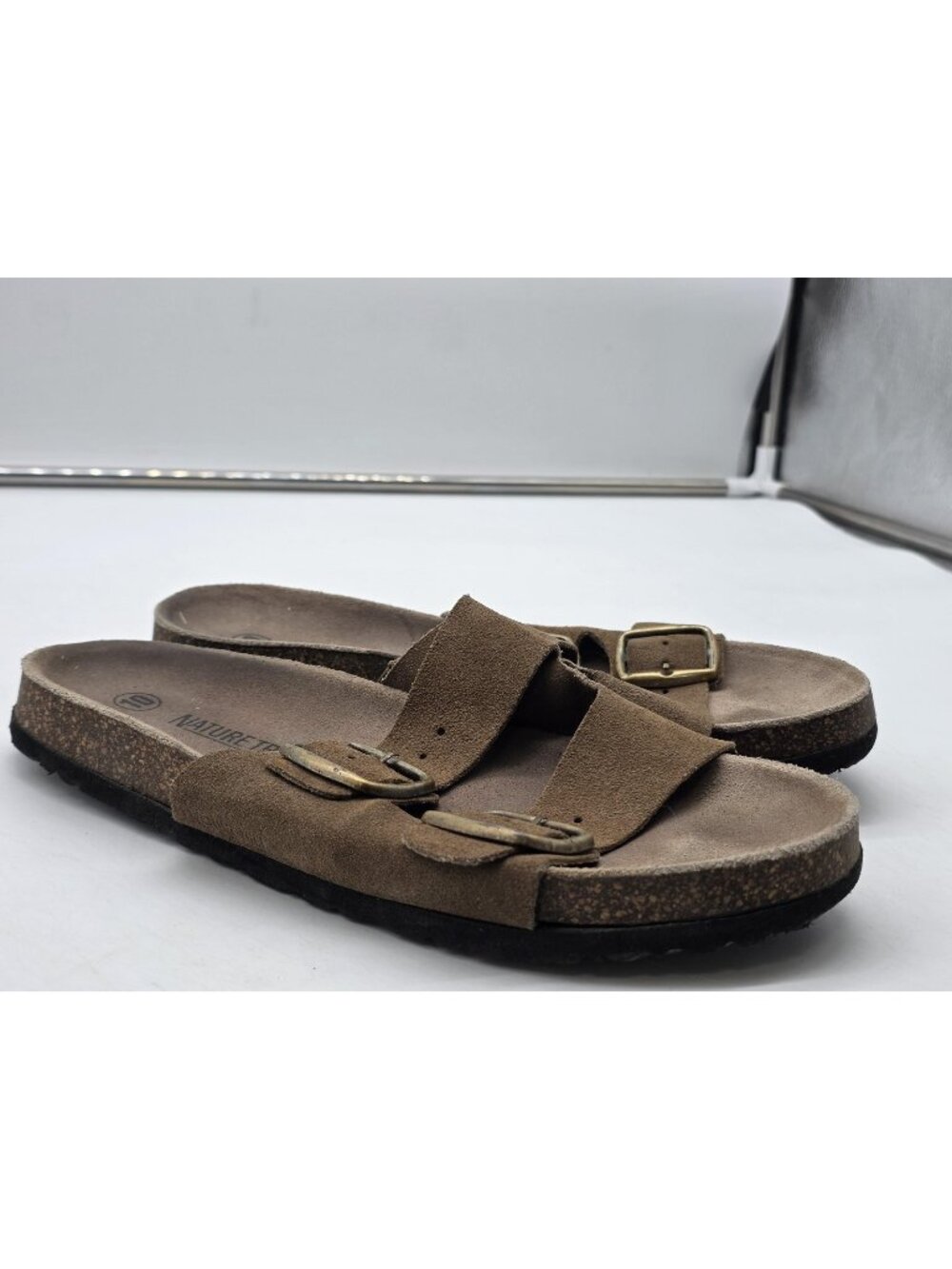 Nature Trek Sandals Shoes Mens Size 10 Brown Leather Double Strap Stains Damage